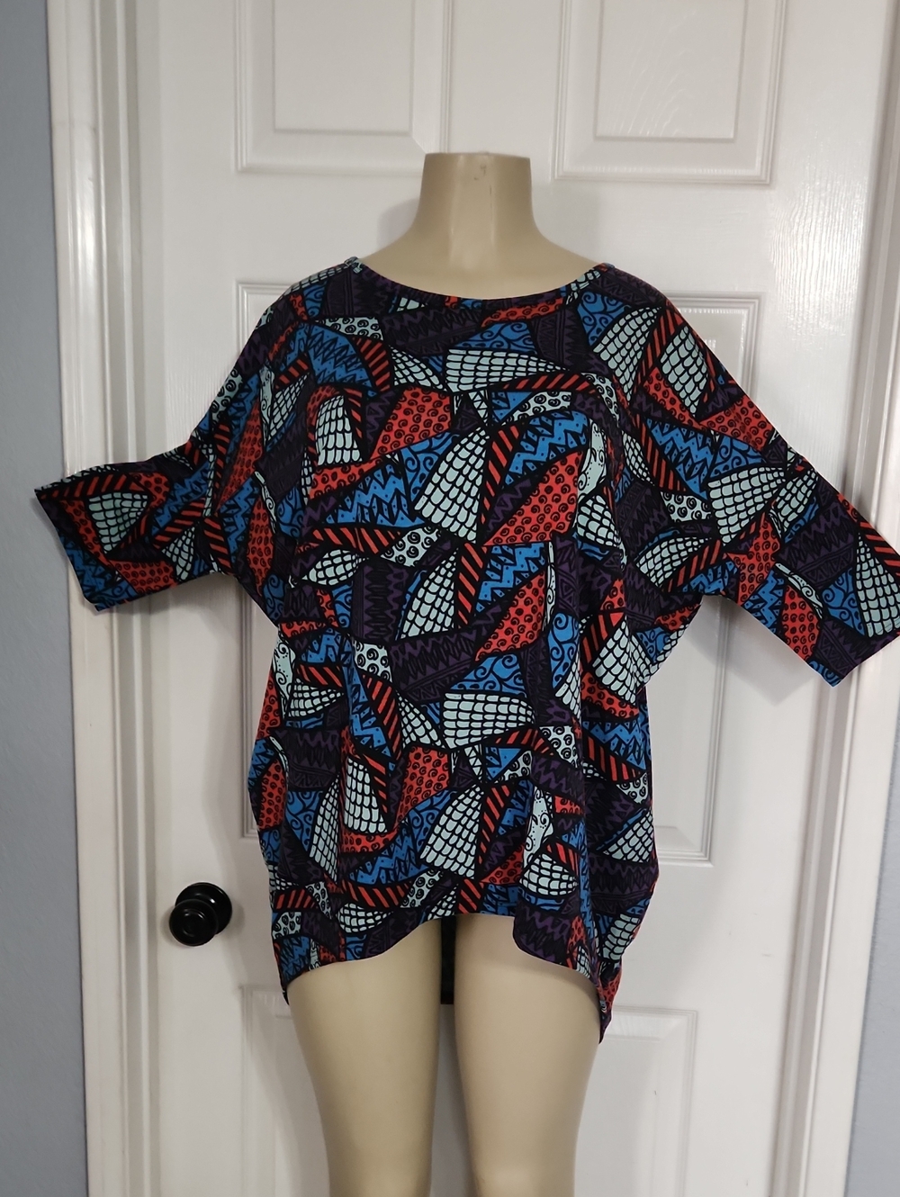 LuLaRoe Geometric Print Tunic - Red, Blue & Cream